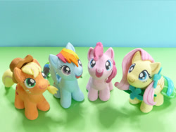 Size: 589x441 | Tagged: safe, artist:ラル, derpibooru import, applejack, fluttershy, pinkie pie, rainbow dash, earth pony, pegasus, pony, candy, clothes, cowboy hat, craft, custom, cute, dress, female, filly, food, gala dress, happy, hat, irl, japan, looking up, photo, plushie, sculpture, smiling, toy