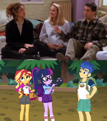 Size: 520x590 | Tagged: safe, edit, screencap, flash sentry, sci-twi, sunset shimmer, twilight sparkle, equestria girls, legend of everfree, comparison, david schwimmer, f.r.i.e.n.d.s, implied lesbian, implied shipping, implied sunsetsparkle, ross geller