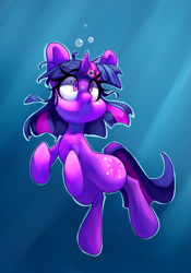 Size: 2605x3727 | Tagged: safe, artist:lilfunkman, artist:sourspot, twilight sparkle, unicorn twilight, pony, unicorn, collaboration, air bubble, bubble, female, mare, solo, underwater