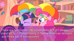 Size: 1280x720 | Tagged: safe, derpibooru import, edit, edited screencap, screencap, pinkie pie, twilight sparkle, earth pony, pony, unicorn, feeling pinkie keen, boop, diverse-mlp-headcanons, duo, hat, headcanon, irish, text, umbrella hat, wat