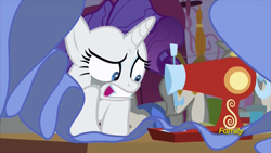 Size: 914x514 | Tagged: safe, screencap, rarity, pony, unicorn, fame and misfortune, marshmelodrama, solo, stress sewing