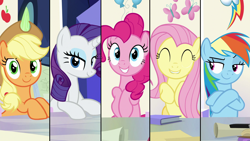 Size: 1920x1080 | Tagged: safe, derpibooru import, screencap, applejack, fluttershy, pinkie pie, rainbow dash, rarity, earth pony, pegasus, pony, unicorn, sparkle's seven, animation error, eyes closed, friendship throne, grin, lip bite, smiling, smug, split screen