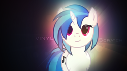 Size: 1920x1080 | Tagged: safe, artist:jave-the-13, derpibooru import, dj pon-3, vinyl scratch, pony, unicorn, female, glow, horn, mare, smiling, solo, text, vector, wallpaper
