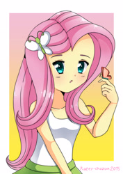 Size: 2480x3508 | Tagged: safe, artist:kateychazuu, fluttershy, butterfly, equestria girls, 2015, clothes, signature, skirt, solo, tanktop