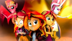 Size: 1187x673 | Tagged: safe, artist:kyloren2000, sunset satan, sunset shimmer, equestria girls, 3d, crown, daydream shimmer, element of magic, evil, evil grin, geode of empathy, grin, horn, jewelry, magical geodes, open mouth, regalia, smiling, source filmmaker, sunset's conscience, wings