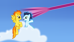 Size: 11200x6400 | Tagged: safe, artist:parclytaxel, derpibooru import, soarin', spitfire, oc, oc:parcly taxel, alicorn, pony, .svg available, absurd resolution, alicorn oc, cloud, female, flying, male, pointing, shipping, sky, soarinfire, sonic boom, straight, vector