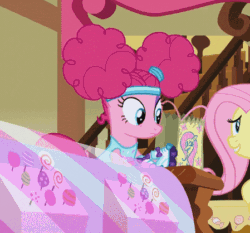 Size: 449x418 | Tagged: safe, screencap, fluttershy, pinkie pie, earth pony, pegasus, pony, scare master, animated, bag, candy, clothes, costume, frown, lollipop, nightmare night costume, pinkie puffs, reaction, roller skates, sugarcube corner, wide eyes