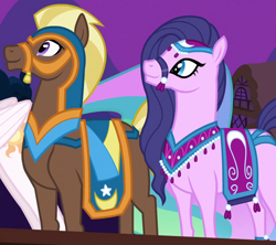 Size: 828x734 | Tagged: safe, screencap, amira, haakim, princess celestia, alicorn, pony, saddle arabian, magic duel, blank flank, bridle, duo, female, male, mare, stallion, tack