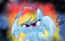 Size: 1157x720 | Tagged: safe, artist:superdashiebros, derpibooru import, rainbow dash, pegasus, pony, abstract background, chest fluff, evil grin, female, grin, mare, smiling, solo