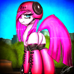 Size: 993x993 | Tagged: safe, artist:gamermac, pinkie pie, earth pony, pony, helmet, looking back, pinkamena diane pie, plot, ponies in roller skates, roller skates, scrunchy face, solo, wavy mouth