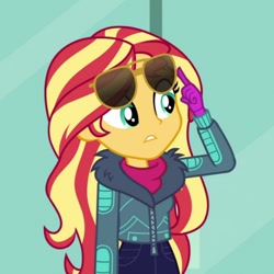 Size: 1024x1024 | Tagged: safe, screencap, sunset shimmer, better together, equestria girls, holidays unwrapped, clothes, cropped, solo, sunglasses, winter outfit