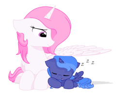 Size: 2660x2192 | Tagged: safe, artist:glitterstar2000, princess celestia, princess luna, alicorn, pony, filly, hug, simple background, sleeping, sweet dreams fuel, white background, winghug, woona, younger, zzz