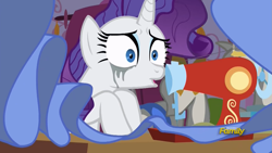 Size: 1279x719 | Tagged: safe, screencap, rarity, pony, unicorn, fame and misfortune, discovery family logo, makeup, marshmelodrama, running makeup, sewing, sewing machine, solo