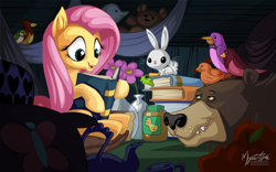 Size: 2560x1600 | Tagged: safe, artist:mysticalpha, angel bunny, constance, fluttershy, harry, bear, bird, pegasus, pony, rabbit, scare master, animal, book, brown bear, carrot, cute, female, hammock, mare, nature lover, peanut butter, pillow, reading, scene interpretation, sitting, teddy bear