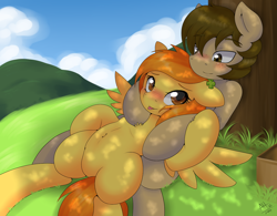 Size: 1280x996 | Tagged: safe, artist:average-hanzo, derpibooru import, spitfire, oc, oc:chocolate chips, earth pony, pegasus, pony, belly button, blushing, canon x oc, clover, cuddling, cute, featureless crotch, female, firechips, four leaf clover, freckles, grass, hug, hug from behind, love, male, mare, shade, shipping, snuggling, stallion, straight, tongue out, tree