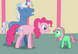 Size: 1024x711 | Tagged: safe, artist:allonsbro, minty, pinkie pie, pokey pierce, earth pony, pony, g3, female, g3 to g4, generation leap, laughing, male, next generation, offspring, parent:pinkie pie, parent:pokey pierce, parents:pokeypie, pokeypie, shipping, story included, straight