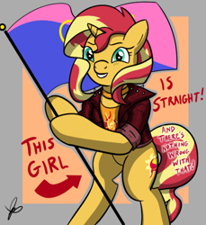 Size: 550x600 | Tagged: safe, artist:thedrizzle404, sunset shimmer, pony, unicorn, arrow, bipedal, choker, clothes, female, flag, flag pole, grin, hoof hold, jacket, jewelry, leather jacket, looking at you, mare, pride, pride flag, signature, smiling, solo, squee, standing upright, straight pride, straight pride flag, text, this cat is gay and there's nothing you can do about it