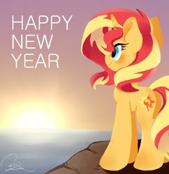 Size: 792x818 | Tagged: safe, artist:oc_ponys, sunset shimmer, pony, unicorn, cute, facing away, female, happy new year, holiday, ocean, shimmerbetes, solo, sun, sunset