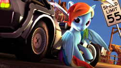 Size: 3840x2160 | Tagged: safe, artist:whiteskyline, derpibooru import, rainbow dash, pegasus, pony, 3d, back to the future, delorean, desert, dmc, source filmmaker, speed limit sign