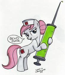 Size: 1489x1710 | Tagged: safe, artist:thedarklordkeisha, nurse redheart, pony, bedroom eyes, bend over, bipedal, giant syringe, grin, hoof hold, looking at you, nope, run, simple background, smiling, solo, syringe, white background