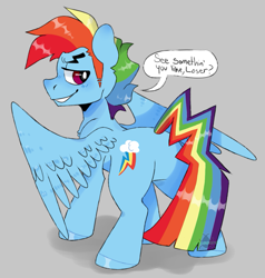 Size: 973x1024 | Tagged: safe, artist:incubugs, artist:mega-bugsly, derpibooru import, rainbow blitz, rainbow dash, pegasus, pony, facing away, gray background, looking over shoulder, male, rule 63, simple background, smiling, smirk, solo