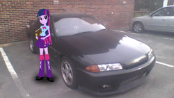 Size: 2000x1125 | Tagged: safe, derpibooru import, twilight sparkle, equestria girls, car, irl, nissan, nissan skyline, obligatory pony, skyline r32, solo