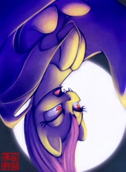 Size: 765x1044 | Tagged: safe, artist:rattlesire, part of a set, fluttershy, bat pony, pony, flutterbat, moon, solo, upside down