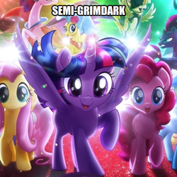 Size: 500x500 | Tagged: safe, derpibooru import, fluttershy, pinkie pie, rainbow dash, twilight sparkle, twilight sparkle (alicorn), alicorn, earth pony, pegasus, pony, unicorn, my little pony: the movie, caption, image macro, meta, spoiler image, text