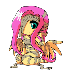 Size: 1024x1123 | Tagged: safe, artist:khuzang, artist:reikosketch, fluttershy, pegasus, pony, collaboration, ambiguous facial structure, bandage, belly button, clothes, costume, cute, halloween, holiday, midriff, mummy, no nose, shyabetes, simple background, smiling, solo, white background