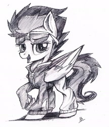 Size: 1991x2313 | Tagged: safe, artist:navigatoralligator, derpibooru import, spitfire, clothes, grayscale, jacket, looking at you, monochrome, open mouth, raised hoof, smiling, solo, sunglasses, traditional art
