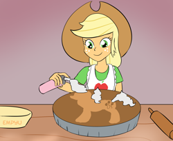 Size: 1000x818 | Tagged: safe, artist:empyu, applejack, pinkie pie, equestria girls, applejack's hat, cowboy hat, female, hat, pie, smiling