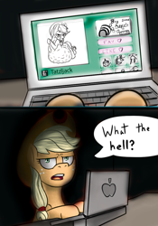 Size: 770x1100 | Tagged: safe, artist:adlaz, artist:nayolfa, applejack, earth pony, monster pony, original species, pony, tatzlpony, appul, computer, solo, tatzljack, unamused