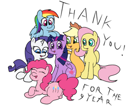 Size: 1200x1000 | Tagged: safe, artist:amateur-draw, derpibooru import, applejack, fluttershy, pinkie pie, rainbow dash, rarity, twilight sparkle, twilight sparkle (alicorn), alicorn, earth pony, pegasus, pony, unicorn, anniversary, cute, happy birthday mlp:fim, mane six, mlp fim's ninth anniversary, ms paint