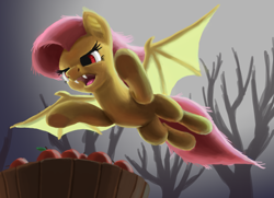 Size: 3012x2182 | Tagged: safe, artist:odooee, fluttershy, bat pony, pony, apple, barrel, fangs, flutterbat, flying, halloween, solo