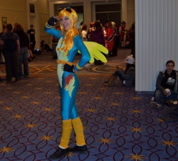 Size: 2178x1965 | Tagged: safe, artist:spaniel122, derpibooru import, spitfire, human, 2012, bodysuit, clothes, convention, cosplay, fingerless gloves, gloves, goggles, irl, irl human, katsucon, photo, solo, wonderbolts uniform