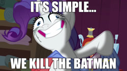 Size: 1280x720 | Tagged: safe, rarity, pony, unicorn, fame and misfortune, batman, creepy, faic, image macro, makeup, meme, rarisnap, running makeup, solo, text, the joker, why i'm creating a gown darling