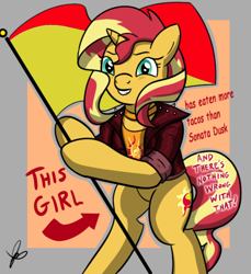 Size: 550x600 | Tagged: safe, artist:thedrizzle404, edit, sonata dusk, sunset shimmer, pony, unicorn, arrow, bipedal, choker, clothes, female, flag, flag pole, food, grin, hoof hold, implied lesbian, implied sonata dusk, jacket, jewelry, leather jacket, looking at you, mare, meme, pride, pride flag, signature, smiling, solo, sonataco, squee, standing upright, taco, text, this cat is gay and there's nothing you can do about it