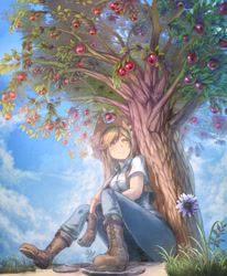 Size: 1500x1820 | Tagged: safe, artist:rinnemi, applejack, human, apple tree, humanized, solo, traditional art, tree