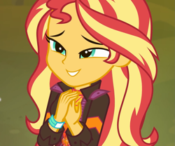 Size: 1295x1080 | Tagged: safe, screencap, sunset shimmer, equestria girls, equestria girls series, sunset's backstage pass!, spoiler:eqg series (season 2), clasped hands, clothes, cropped, cute, female, geode of empathy, jacket, magical geodes, music festival outfit, shimmerbetes, smiling, solo
