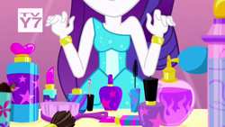 Size: 1280x720 | Tagged: safe, screencap, rarity, eqg summertime shorts, equestria girls, make up shake up, atomizer, bracelet, breasts, brush, female, jewelry, lipstick, makeup, solo, tv-y7