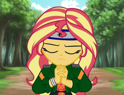 Size: 990x760 | Tagged: safe, edit, edited screencap, screencap, sunset shimmer, better together, equestria girls, eyes closed, forest background, geode of empathy, kunoichi, magical geodes, naruto, naruto shippuuden, ninja, recolor