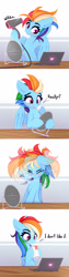 Size: 1243x4922 | Tagged: safe, artist:omi, derpibooru import, rainbow dash, pegasus, pony, alternate hairstyle, argument in the comments, cheek fluff, chest fluff, comic, computer, cup, cute, dashabetes, dialogue, drinking, drinking straw, ear fluff, female, hair dryer, laptop computer, mare, mirror, mohawk, onomatopoeia, sipping, solo, spoilers in the comments, table