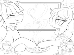 Size: 916x690 | Tagged: safe, artist:si1vr, derpibooru import, dusk shine, twilight sparkle, oc, oc:taralicious, bowtie, commission, female, food, half r63 shipping, heart, holding hooves, male, monochrome, restaurant, rule 63, shipping, sketch, straight, tara strong, tarashine