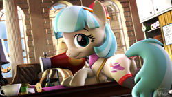 Size: 3840x2160 | Tagged: safe, artist:whiteskyline, coco pommel, earth pony, pony, 3d, butt, clothes, column, copper and tellurium, dock, female, lamp, looking at you, mare, plot, sewing machine, solo, source filmmaker, stockings, thigh highs