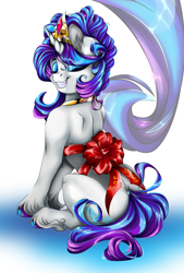 Size: 4000x5900 | Tagged: safe, artist:dimidiummorsumbra, rarity, spike, dragon, pony, semi-anthro, unicorn, absurd resolution, cutie mark, eyes closed, eyeshadow, female, jewelry, makeup, mare, ribbon, shipping, simple background, sitting, smiling, solo, sparity, straight, tiara, unshorn fetlocks