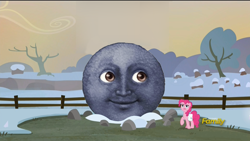 Size: 1280x720 | Tagged: safe, edit, edited screencap, screencap, pinkie pie, earth pony, pony, hearthbreakers, discovery family logo, female, fence, holder's boulder, holder's new boulder meme, mare, molester moon, nightmare fuel, raised hoof, saddle bag, smosh, snow, tree, wat, winter, 🌚