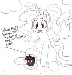 Size: 1280x1328 | Tagged: safe, artist:pabbley, princess celestia, twilight sparkle, alicorn, pony, 30 minute art challenge, belly button, cast away, cloud, dialogue, ear fluff, insanity, island, monochrome, open mouth, sitting, snaplestia, solo, stranded, wilson (cast away)