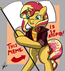 Size: 550x600 | Tagged: safe, artist:thedrizzle404, edit, edited edit, editor:gamedevanon, sunset shimmer, pony, unicorn, arrow, bipedal, choker, clothes, edit of an edit of an edit, female, flag, flag pole, grin, hoof hold, jacket, jewelry, leather jacket, looking at you, mare, meme, signature, smiling, solo, standing upright, text, this cat is gay and there's nothing you can do about it, white flag