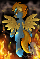 Size: 1024x1497 | Tagged: safe, artist:annakitsun3, derpibooru import, spitfire, pegasus, pony, clothes, female, fire, flying, goggles, plot, smiling, solo, spread wings, underhoof, uniform, wings, wonderbolts uniform