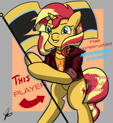 Size: 550x600 | Tagged: safe, artist:thedrizzle404, edit, edited edit, sunset shimmer, pony, clothes, female, flag, gamer sunset, jacket, leather jacket, mare, meme, standing upright, starcraft, this cat is gay and there's nothing you can do about it